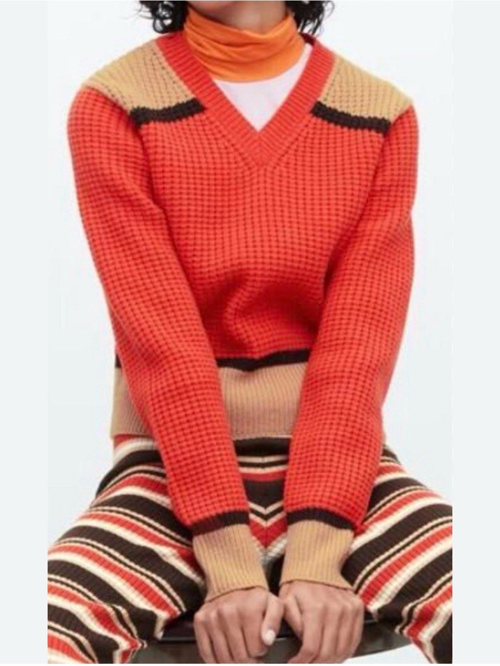 Marni X Uniqlo L orange colorblock V-neck long sleeve chunky waffle knit sweater